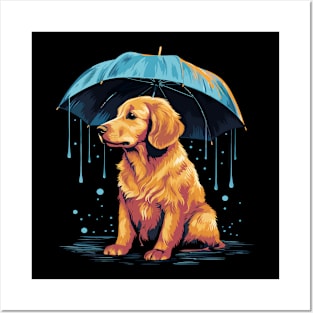 Golden Retriever Rainy Day With Umbrella Posters and Art